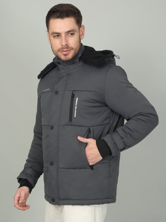 Men's Solid Grey Hooded Neck Jacket