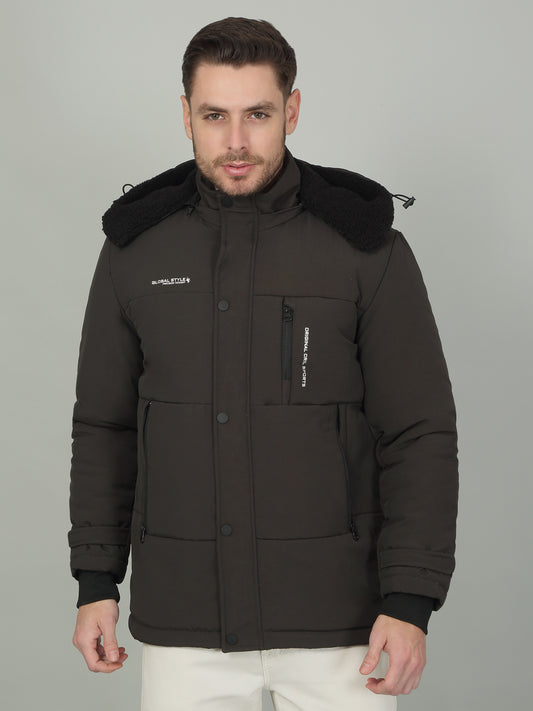Men's Solid Olive Hooded Neck Jacket