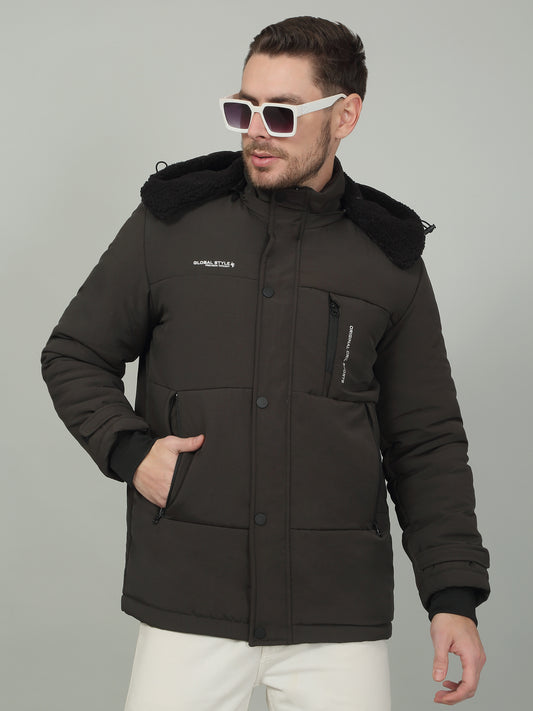 Men's Solid Olive Hooded Neck Jacket
