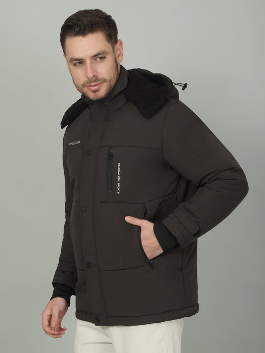 Men's Solid Olive Hooded Neck Jacket