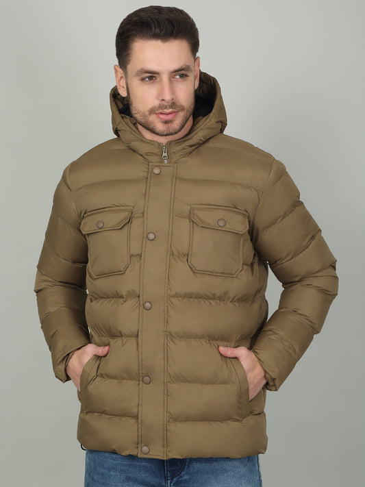 Men's Solid Brown Hooded Neck Jacket