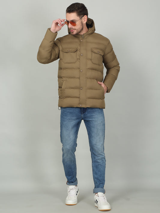 Men's Solid Brown Hooded Neck Jacket