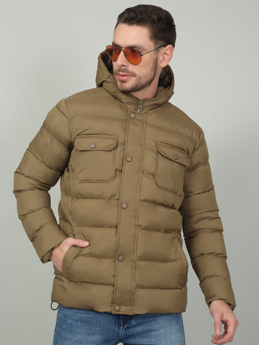 Men's Solid Brown Hooded Neck Jacket