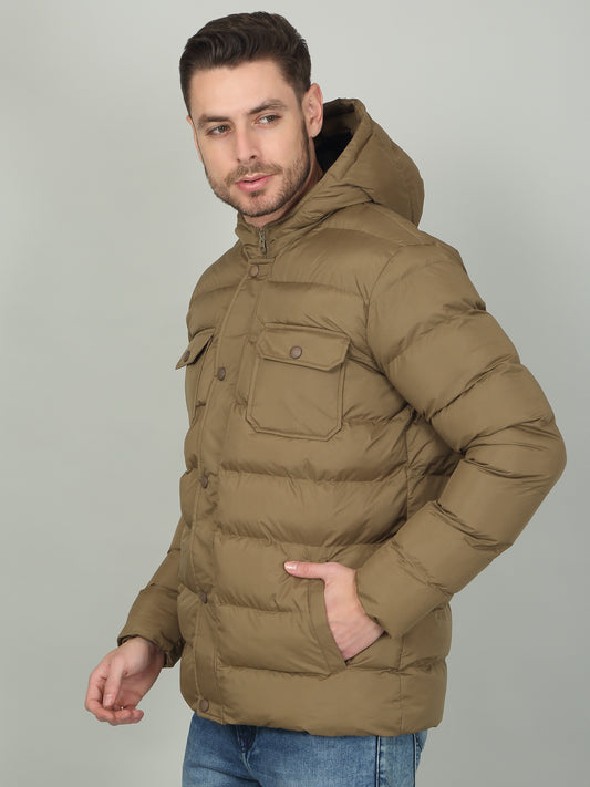 Men's Solid Brown Hooded Neck Jacket