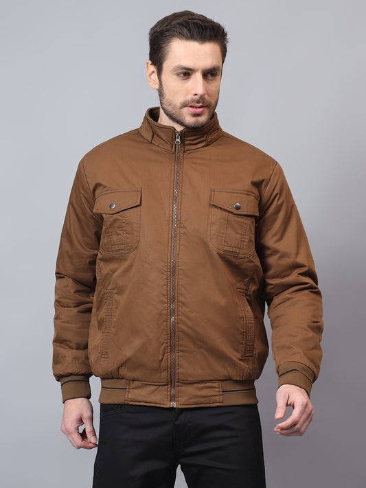 Men's Brown Solid Mock Neck Winter Jacket