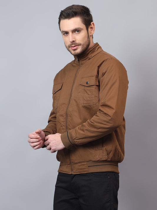 Men's Brown Solid Mock Neck Winter Jacket