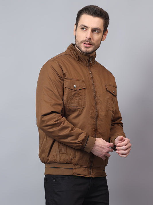 Men's Brown Solid Mock Neck Winter Jacket