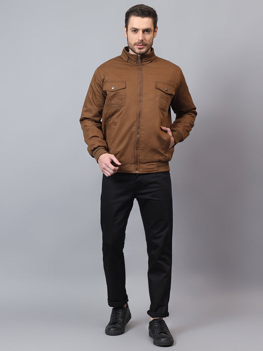 Men's Brown Solid Mock Neck Winter Jacket