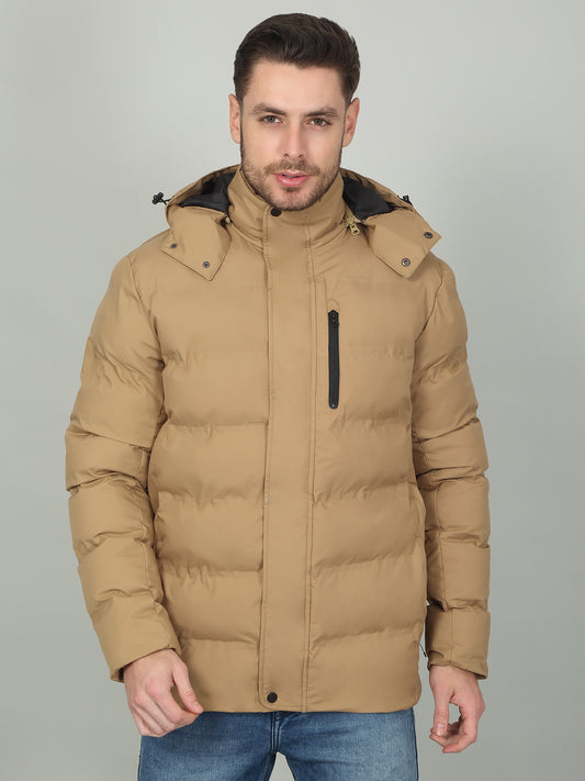 Men's Solid Sand Hooded Neck Jacket