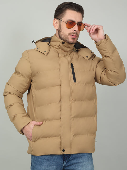Men's Solid Sand Hooded Neck Jacket