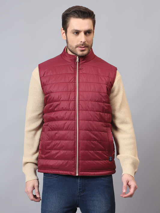 Men's Maroon Solid Mock Neck Winter Jacket