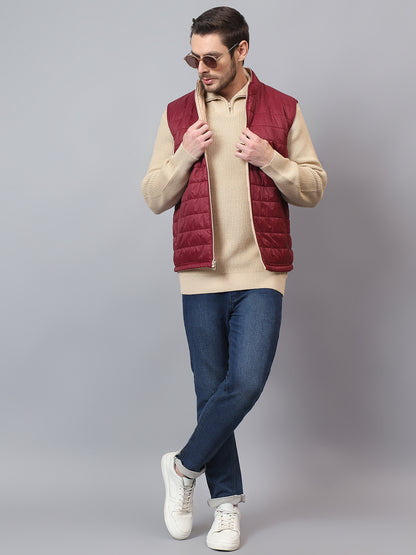 Men's Maroon Solid Mock Neck Winter Jacket