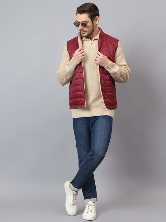 Men's Maroon Solid Mock Neck Winter Jacket
