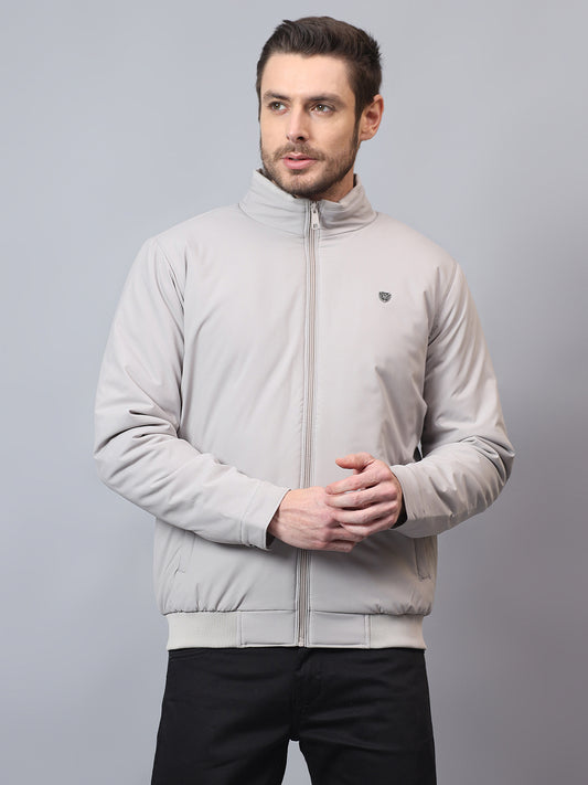 Men's Grey Solid Mock Neck Winter Jacket