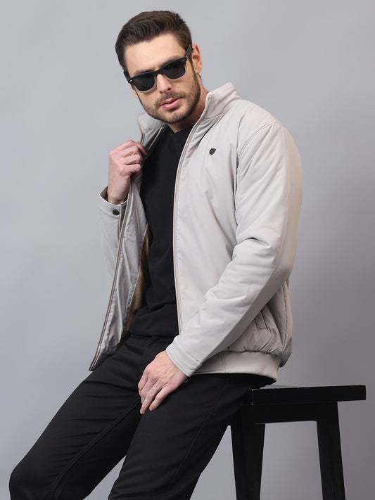 Men's Grey Solid Mock Neck Winter Jacket