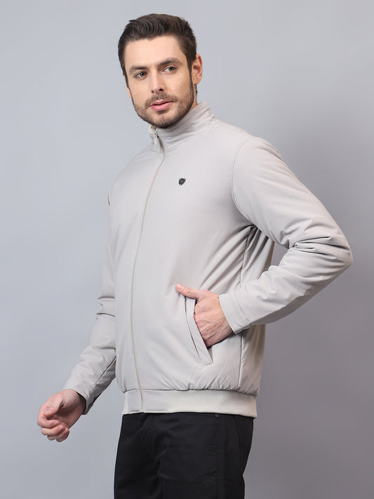 Men's Grey Solid Mock Neck Winter Jacket