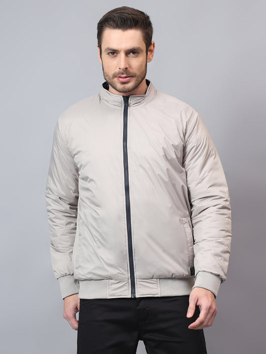 Men's Beige Solid Mock Neck Winter Reversible Jacket