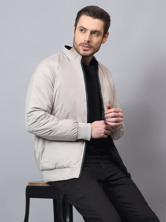 Men's Beige Solid Mock Neck Winter Reversible Jacket