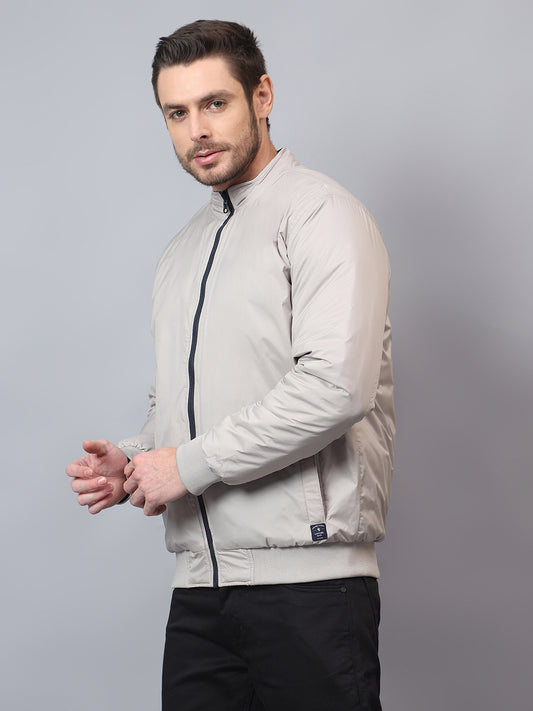 Men's Beige Solid Mock Neck Winter Reversible Jacket