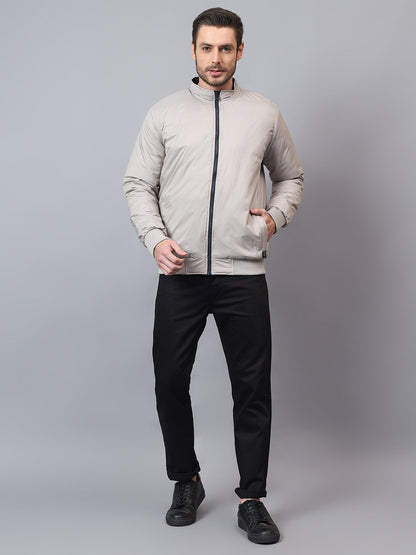 Men's Beige Solid Mock Neck Winter Reversible Jacket
