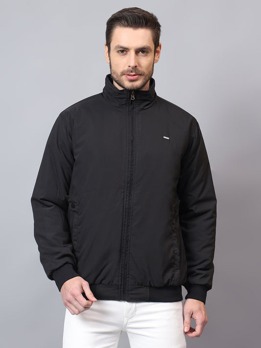Men's Navy Blue Solid Mock Neck Winter Reversible Jacket