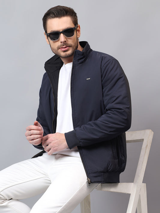 Men's Navy Blue Solid Mock Neck Winter Reversible Jacket