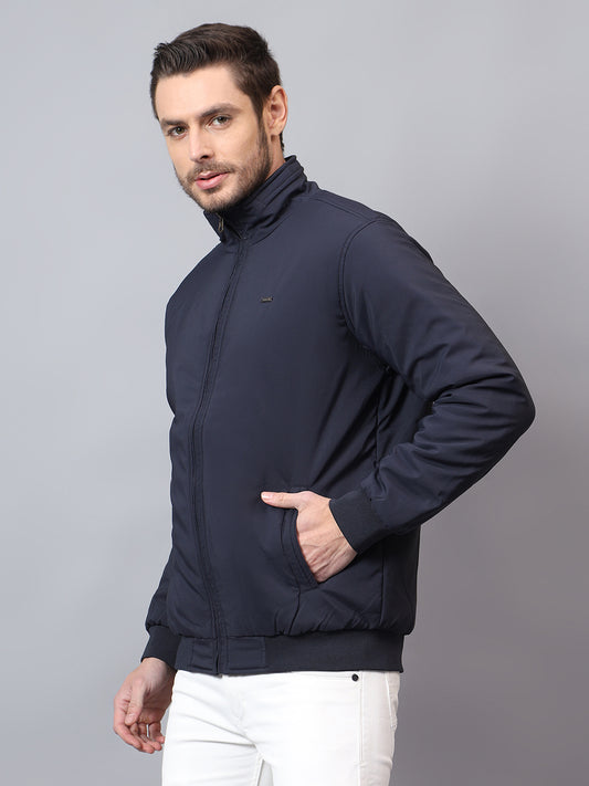 Men's Navy Blue Solid Mock Neck Winter Reversible Jacket