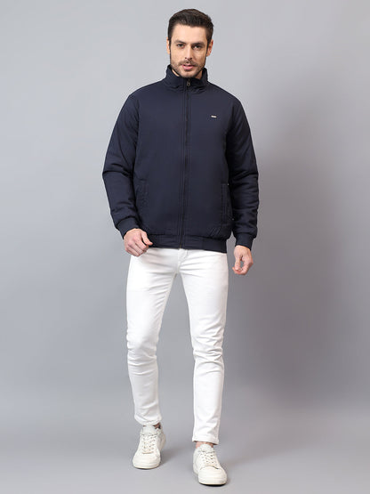Men's Navy Blue Solid Mock Neck Winter Reversible Jacket
