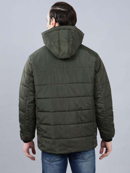 Men's Olive Green Solid Hooded Winter Jacket