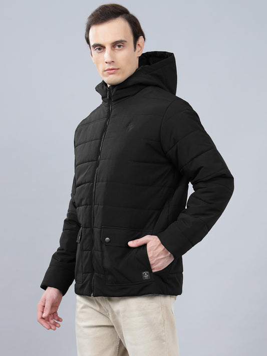 Men's Black Solid Hooded Neck Winter Jacket