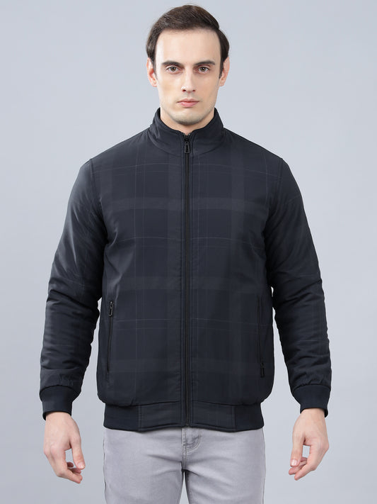 Men's Navy Blue Checked Mock Neck Reversible Winter Jacket