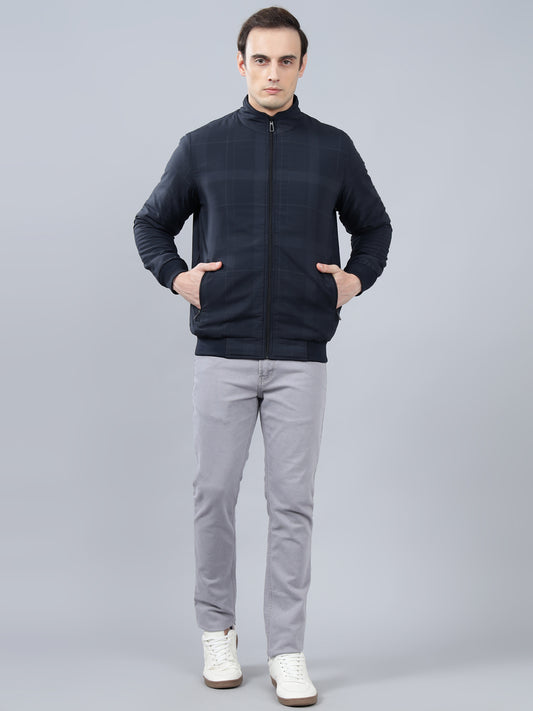 Men's Navy Blue Checked Mock Neck Reversible Winter Jacket