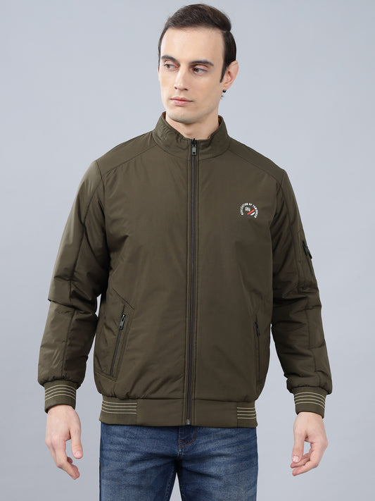 Men's Olive Green Solid Mock Neck Reversible Winter Jacket