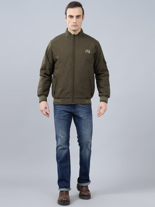 Men's Olive Green Solid Mock Neck Reversible Winter Jacket