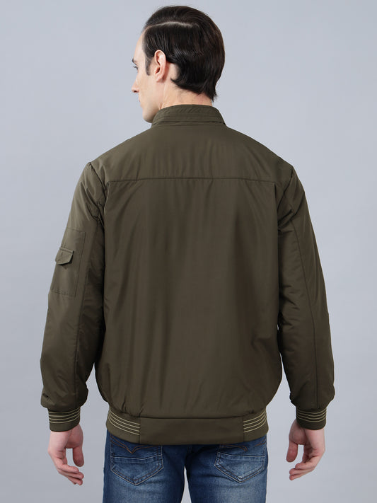 Men's Olive Green Solid Mock Neck Reversible Winter Jacket