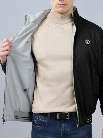 Men's Black Solid Mock Neck Reversible Winter Jacket