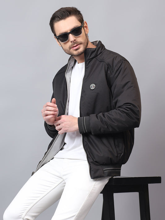 Men's Grey Solid Mock Neck Winter Reversible Jacket