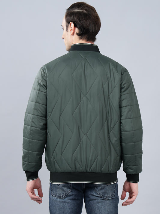 Men's Olive Green Solid Mock Neck Reversible Winter Jacket