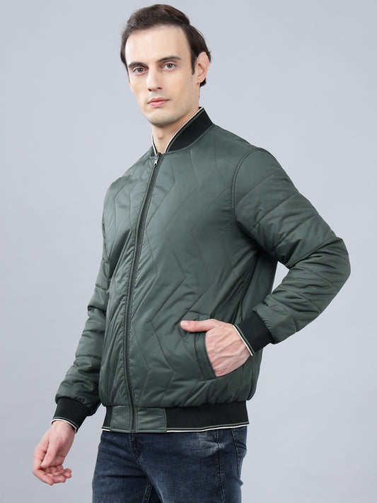 Men's Olive Green Solid Mock Neck Reversible Winter Jacket