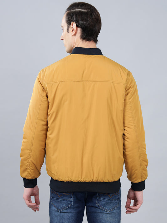 Men's Mustard Solid Mock Neck Reversible Winter Jacket