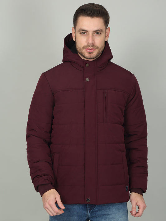 Men's Solid Wine Hooded Neck Jacket