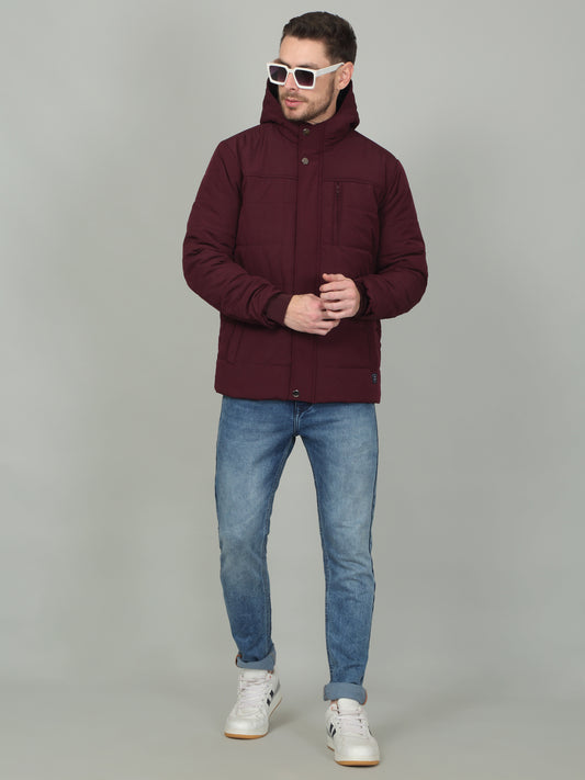 Men's Solid Wine Hooded Neck Jacket