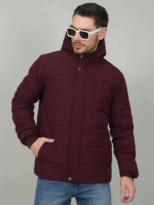 Men's Solid Wine Hooded Neck Jacket