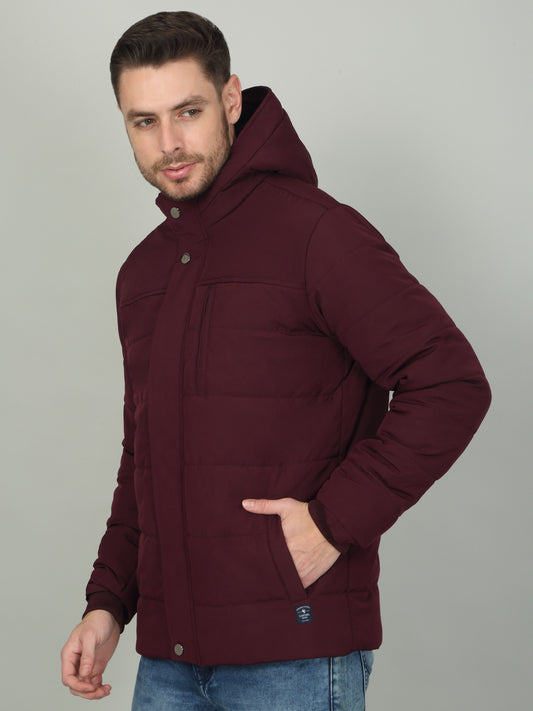 Men's Solid Wine Hooded Neck Jacket