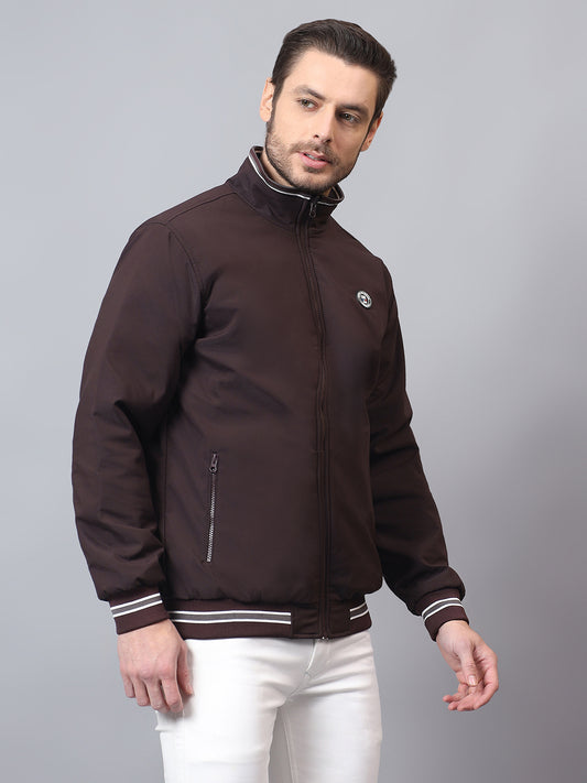 Men's Wine Solid Mock Neck Winter Reversible Jacket