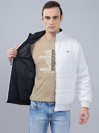 Men's White Solid Stand Collar Reversible Winter Jacket