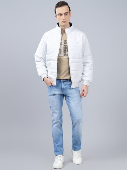 Men's White Solid Stand Collar Reversible Winter Jacket