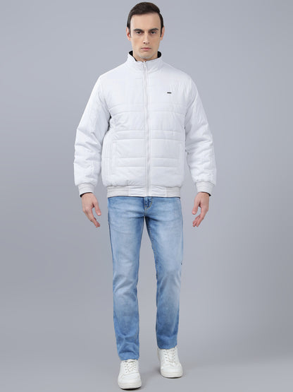 Men's White Solid Stand Collar Reversible Winter Jacket