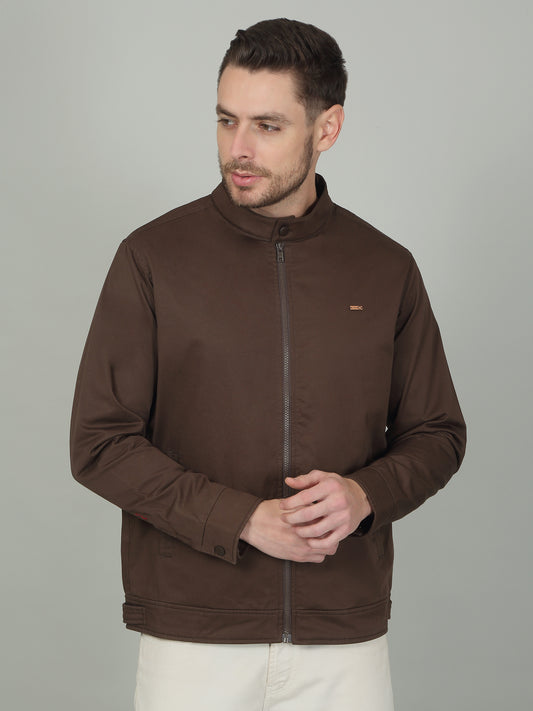 Men's Solid Brown Mock Neck Jacket