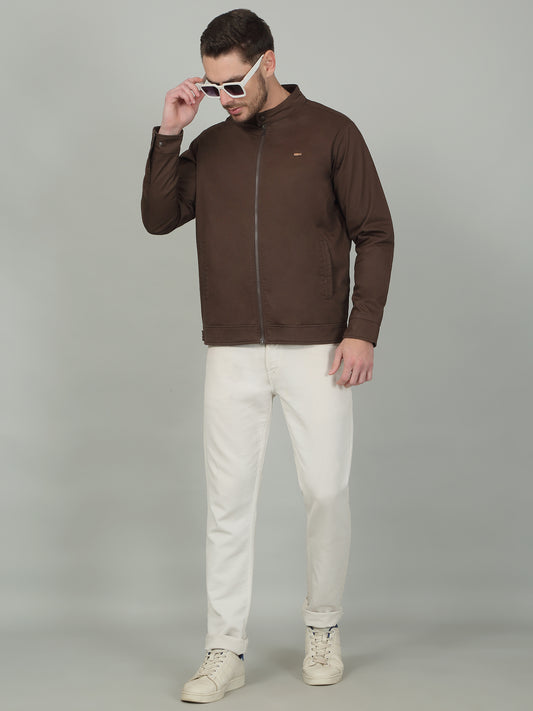 Men's Solid Brown Mock Neck Jacket